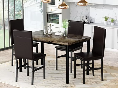 Modern Restaurant Dining Space With Marble Table Black Chairs And Hanging Pendant Lights 3d model