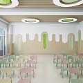 Kindergarten Classroom Interior With Colorful Chairs Wooden Ceiling Round Lights And Large Windows