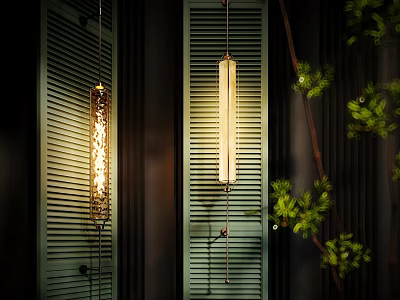 Modern Wall Sconces With Warm Glowing Light Against Green Louvered Shutters And Foliage 3d model