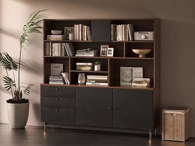 Modern Wooden Bookcase With Books Photos Decorations Drawers Cabinets Potted Plant And Woven Basket 3d model