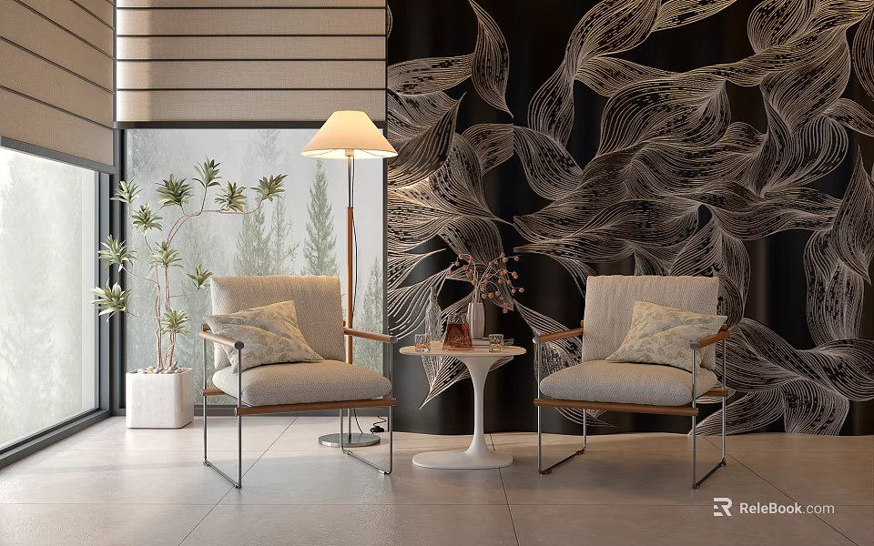 Modern Armchair And Side Table Set With Black Patterned Wall Floor Lamp And Potted Plant 3d model 