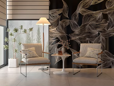 Modern Armchair And Side Table Set With Black Patterned Wall Floor Lamp And Potted Plant 3d model