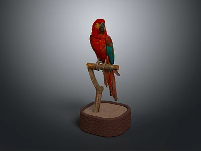 Vibrant Red Parrot with Green Wings Perched on Branch with Sand Base 3d model