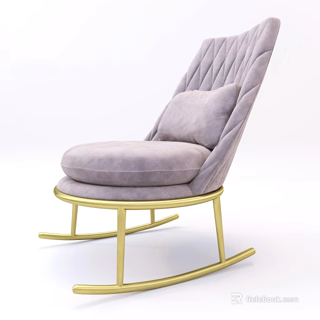 Stylish Leisure Chair With Gold Metal Rocking Frame Light Gray Quilted Upholstery And Matching Cushion 3d model 