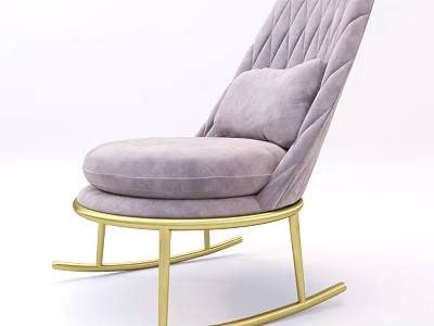 Stylish Leisure Chair With Gold Metal Rocking Frame Light Gray Quilted Upholstery And Matching Cushion 3d model
