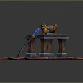 Sharp Blue Sword With Blood On Wooden Table And Bowl Cup
