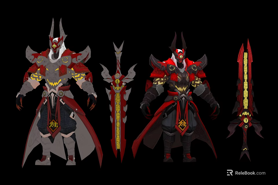 Demon Warrior Character Design With Red Gray Armor And Golden Decorated Sword 3d model 