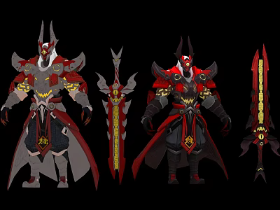 Demon Warrior Character Design With Red Gray Armor And Golden Decorated Sword 3d model
