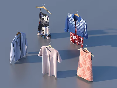 Various Stylish Clothes Hanging On Hangers With Different Colors And Designs 3d model