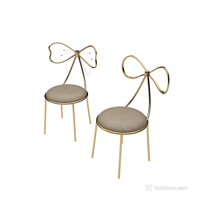Two Stylish Leisure Chairs with Gold Bowknot Backrest and Light Gray Padded Seat 3d model 