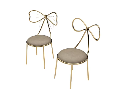 Two Stylish Leisure Chairs with Gold Bowknot Backrest and Light Gray Padded Seat 3d model