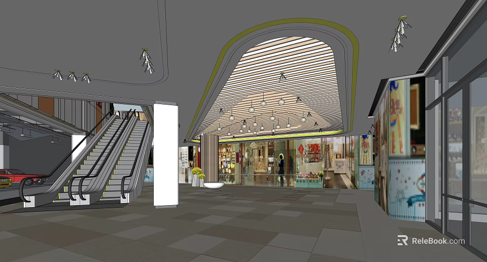 Spacious Shopping Mall Hall With Escalators Bright Lighting And Ceiling Design 3d model 