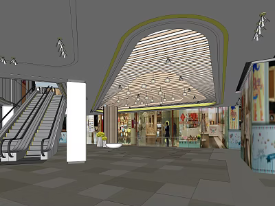 Spacious Shopping Mall Hall With Escalators Bright Lighting And Ceiling Design 3d model