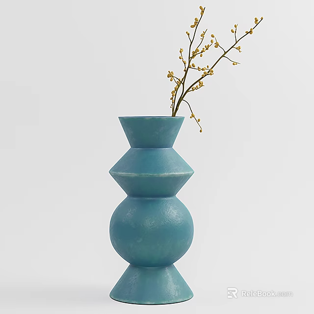 Blue Layered Vase With Yellow Small Flowers And Branches For Interior Decor 3d model 
