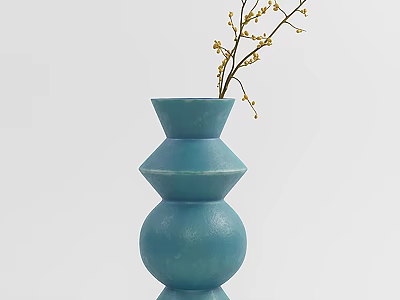 Blue Layered Vase With Yellow Small Flowers And Branches For Interior Decor 3d model