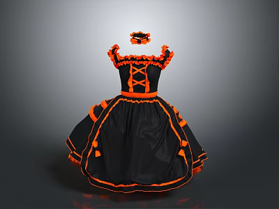 Black And Orange Lolita Dress With Ruffles Bows And Matching Headband 3d model