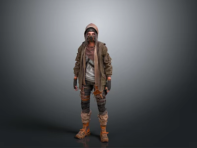 Post Apocalyptic Character Outfit With Hooded Brown Coat Mask Patched Pants And Brown Boots 3d model