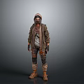 Post Apocalyptic Character Outfit With Hooded Brown Coat Mask Patched Pants And Brown Boots