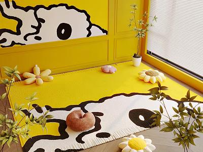 Yellow White Square Rug with Cow Pattern in Yellow Wall with Cartoon Decor Flowers Plants 3d model