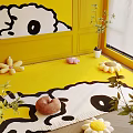 Yellow White Square Rug with Cow Pattern in Yellow Wall with Cartoon Decor Flowers Plants