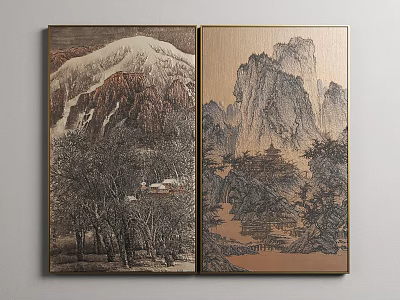 Traditional Chinese Landscape Painting With Mountain Trees River Pavilion And Golden Frame 3d model