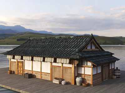 Traditional Wooden House With Black Tiled Roof On Lakeside Wooden Deck And Mountain View 3d model