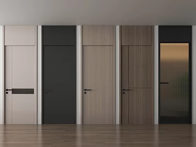 Modern Hinged Doors Displayed In Various Colors And Materials With Wooden Flooring 3d model