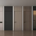 Modern Hinged Doors Displayed In Various Colors And Materials With Wooden Flooring