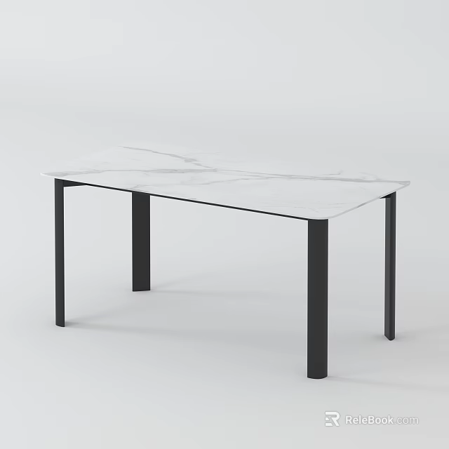 Modern Minimalist Dining Table with Rectangular Marble Top and Sleek Black Metal Legs 3d model