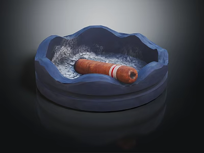 Rounded Blue Ashtray Holding Cigar With White Band On Dark Background 3d model