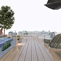 Outdoor Swimming Pool Area With Wooden Deck Loungers Umbrellas Tree And Lights
