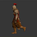 Man in Golden Brown Ancient Armor With Red Feather Helmet Holding Weapons Marching