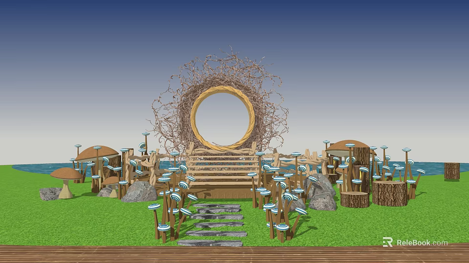 Mushroom Shaped Outdoor Chairs in Garden Scene with Stone Steps and Circular Decor 3d model 