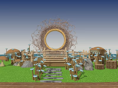 Mushroom Shaped Outdoor Chairs in Garden Scene with Stone Steps and Circular Decor 3d model