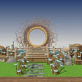 Mushroom Shaped Outdoor Chairs in Garden Scene with Stone Steps and Circular Decor
