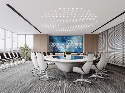 Modern Conference Room With Round Table White Chairs Large Screen And Natural Light 3d model