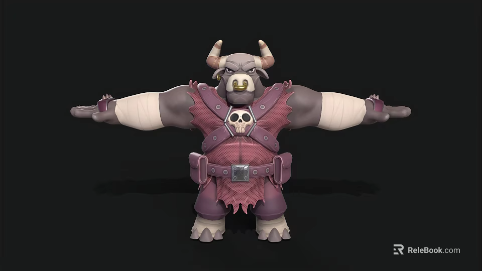 Bull Warrior Character With Skeleton Emblem Purple Armor And Bandaged Arms 3d model 