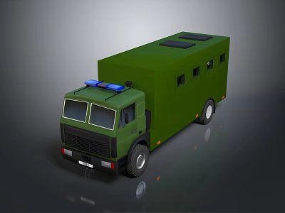 Green Military Truck With Large Cargo Body And Blue Emergency Lights On Roof 3d model