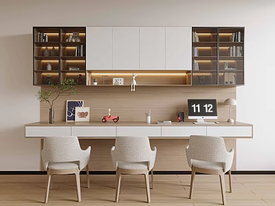 Modern Minimalist Desk with Upper Cabinets Bookshelves Computer Monitor Decorative Items and Three Chairs 3d model