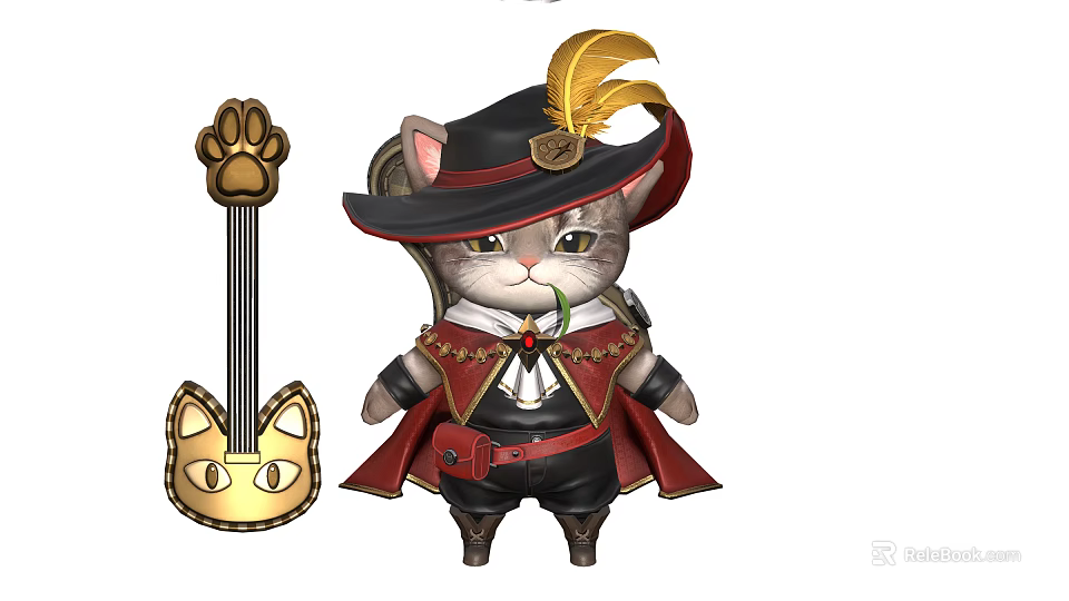 Dressed Cat Doll Wearing Feathered Hat And Red Cape With Golden Cat Shaped Guitar Accessory 3d model 