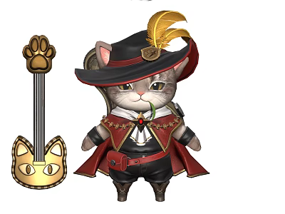 Dressed Cat Doll Wearing Feathered Hat And Red Cape With Golden Cat Shaped Guitar Accessory 3d model