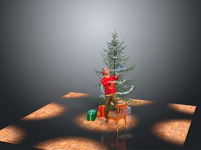 Christmas Tree Being Decorated By Person On Chair With Gift Boxes And Light Shadows 3d model