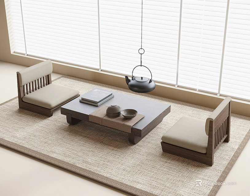 Japanese Style Wooden Tea Table and Chairs with Cushioned Seats and Tea Set 3d model 