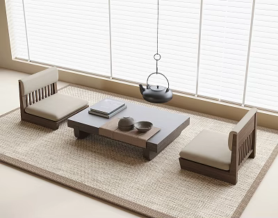 Japanese Style Wooden Tea Table and Chairs with Cushioned Seats and Tea Set 3d model