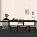Zen Style Table and Chairs with Stone Countertop Bonsai Tea Set Lantern and Calligraphy Background