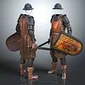 Two Medieval Warriors in Full Armor With Shields Helmets and Swords Standing 3d model