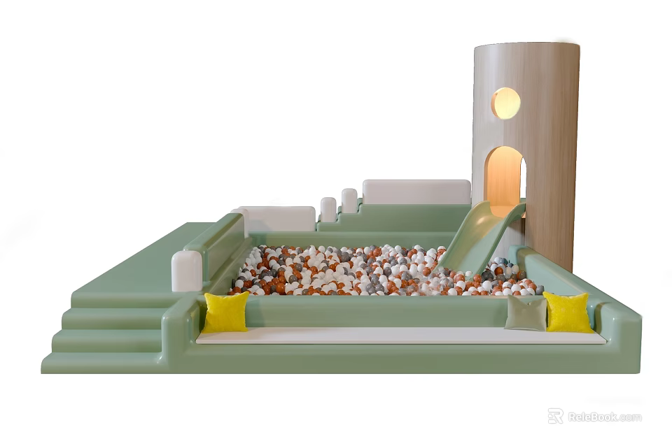 Green Children's Play Equipment With Slide Stone Pit Steps And Cylindrical Tower 3d model 