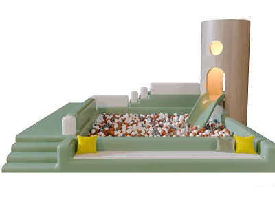 Green Children's Play Equipment With Slide Stone Pit Steps And Cylindrical Tower 3d model