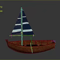 Wooden Sailboat Featuring Blue And White Striped Sail Wooden Hull And Seats