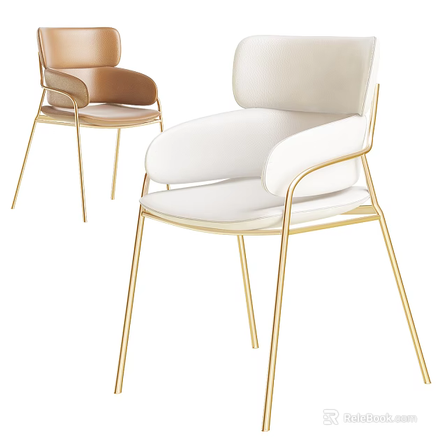 Modern Stylish Armchair With White Leather Upholstery And Gold Metal Legs 3d model 